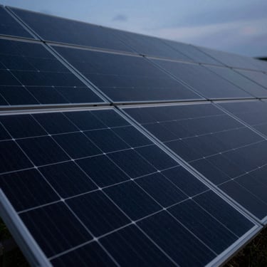 Abstract geometric close-up of solar panel arrays reflecting cool dusk sky, deep navy tones, sharp focus