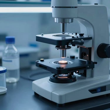 Abstract macro shot of physical analytical laboratory tools, sterile environment with cool blue lighting, 35mm