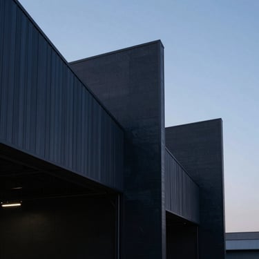 Abstract architectural geometry, sharp angles of a modern aerospace hangar structure, dusk lighting, 35mm