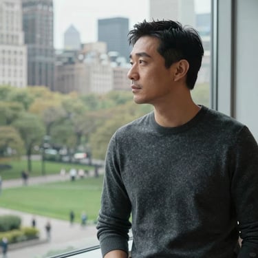 A candid shot of a man in a sophisticated dark grey sweater, looking thoughtfully out of a large office window overlooking a city park.