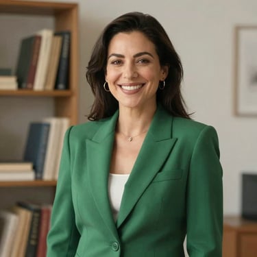 A professional portrait of a woman in a matte forest green blazer, smiling warmly in a light-filled studio with books in the background.