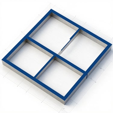 Overhead architectural diagram of modular system boundaries — clearly delineated rectangular zones labeled with regulatory domains, steel-blue border lines separating each zone, clean white background with precise technical grid lines, no human figures, even studio lighting