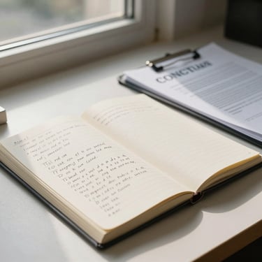 Wide shot of an open notebook on a desk with handwritten financial notes and calculations, a closed contract folder beside it, soft natural daylight from a side window, no people visible