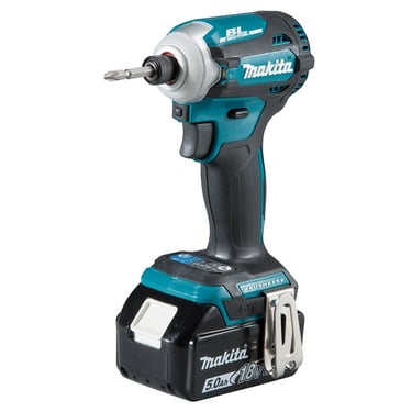 Makita 18V LXT brushless cordless impact driver with a 5.0Ah lithium-ion battery and belt clip.
