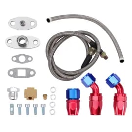 Turbo oil feed and drain line kit with braided stainless steel hoses and anodized aluminum fittings.