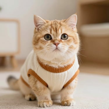 Adorable gatito British Shorthair de color jengibre con un acogedor jersey de punto blanco y naranja