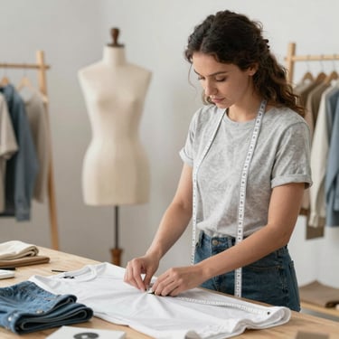 mujer con cinta metrica elaborando ropa en un taller de alta costura 