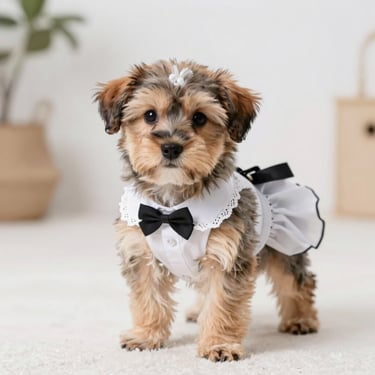 perrito color cafe con vestido blanco y moño negro