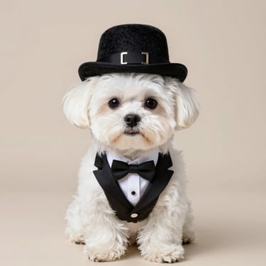 Un adorable cachorro maltés blanco con un chaleco de esmoquin negro, pajarita y sombrero de copa.