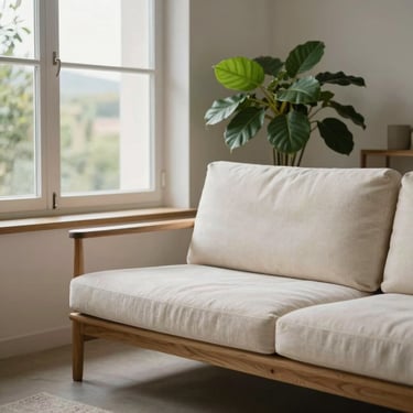 Detalle de un rincón minimalista del salón en Sant Celoni, con una butaca de madera clara, una planta verde suave y luz natural entrando por un gran ventanal.