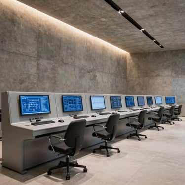 Wide architectural shot of a modern industrial control room, clean concrete walls, technical blueprints displayed on monitors, soft amber lighting accents, high-contrast.