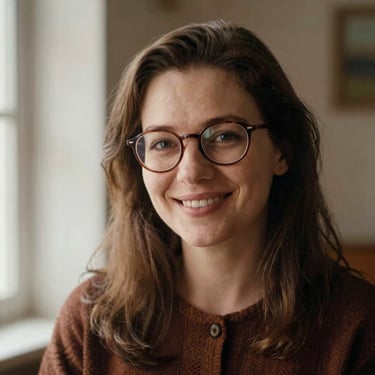 Warm editorial portrait of Elena Rostova with glasses, smiling warmly, soft natural lighting, 35mm