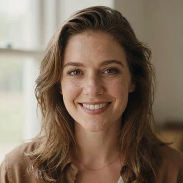 Warm editorial portrait of Sarah Jenkins with a kind smile, natural outdoor lighting, soft focus background, 35mm