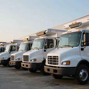 A fleet of modern refrigerated delivery trucks lined up at a logistics hub under the clear morning sky of a US city.