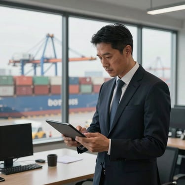 A professional logistics manager looking at a tablet in a modern office overlooking a shipping terminal, North American / US setting.