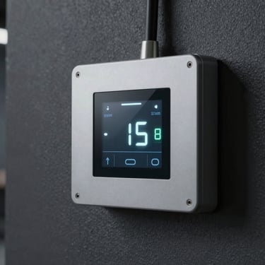 Detail of a smart temperature control panel with a minimalist design, glowing subtly in a dark charcoal industrial space.