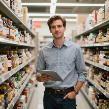 A professional supermarket manager in business casual attire standing in a modern store aisle, North American / US context, soft professional lighting.