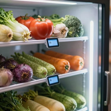 Close-up of fresh produce inside a smart-refrigerated display case with innovative AI monitoring labels.