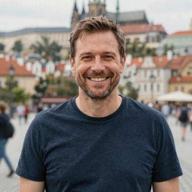 Portrait of a content father, smiling warmly, in a setting that suggests a modern urban lifestyle in Prague, with soft lighting.