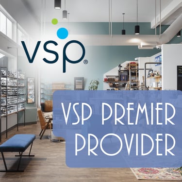 VSP Premier Provider, interior of Edge Optics optometry practice with VSP logo