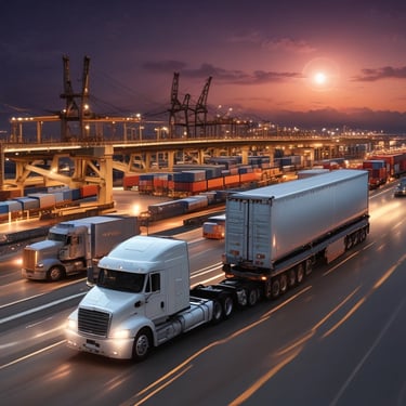 A confident semi-truck driver standing next to a loaded trailer at a busy port terminal.