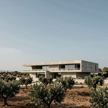 A monolithic concrete villa overlooking a dry olive grove, flat roofline blending perfectly with the horizon.
