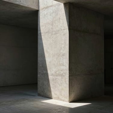 A tall concrete light well casting a sharp triangular shadow down a minimalist hallway, high-contrast sunlight.