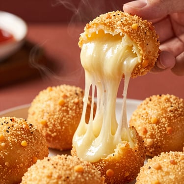 Close-up of golden crispy dimsum goreng keju being pulled apart with melted cheese stretching, warm appetizing lighting