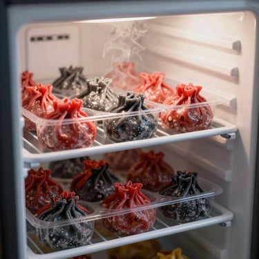 Clean frozen dimsum packaging stacked neatly inside a modern freezer, professional food styling