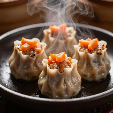Macro close-up of steaming hot dimsum siomay ayam with orange carrot topping, dramatic warm side lighting, dark ceramic plate