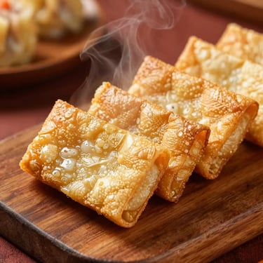 Close-up of crispy lumpia kulit tahu premium on a rustic wooden board, macro food photography, warm tones