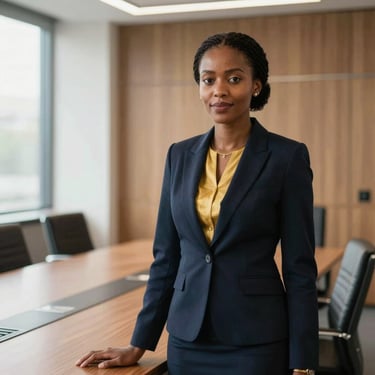Professional portrait of an East African female trade director, elegant business attire, warm natural lighting, modern boardroom setting, sharp focus.