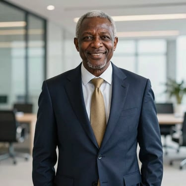 Professional portrait of a senior West African male executive in a navy suit, smiling confidently, modern corporate office background, crisp daylight.