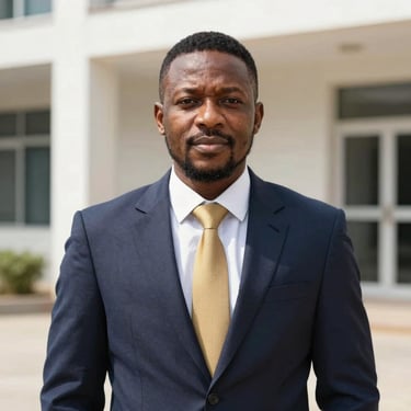 Professional portrait of a Nigerian male operations leader, crisp corporate attire, bright natural daylight, clean architectural background, editorial style.