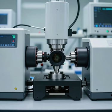 Symmetrical close-up of a clean-room laboratory environment with automated testing equipment, cool diffused lighting, high-precision technical details