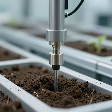 Extreme close-up of a high-precision automated soil sensor probe in a structured, clean agricultural testing facility, cool diffused light.