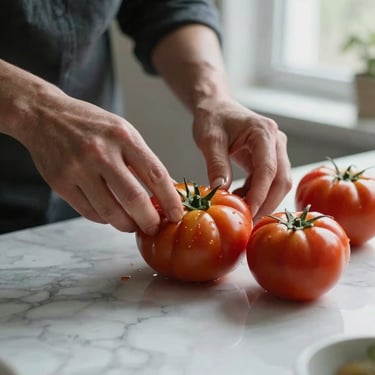Close-up of hands prepping fresh heirloom tomatoes on a marble countertop, soft Scandinavian daylight filtering through a window.
