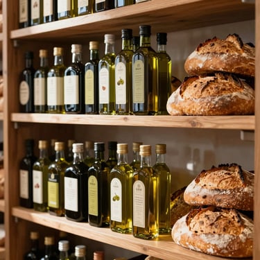 A beautifully arranged wooden shelf in a boutique local food market, featuring artisanal olive oils, fresh sourdough bread, and soft morning daylight.