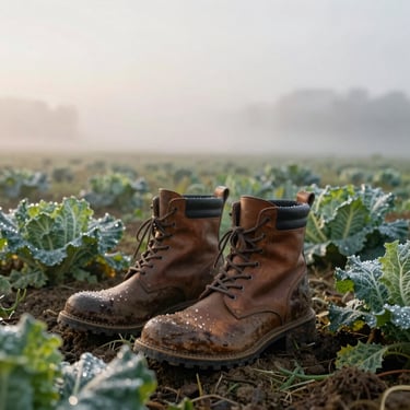 Muddy leather boots standing in a dew-covered organic vegetable field at sunrise, soft morning mist, overcast natural light.