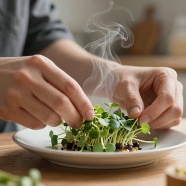 A close-up macro shot of hands carefully finishing a plate with microgreens in a warm kitchen, soft side light, steam rising.