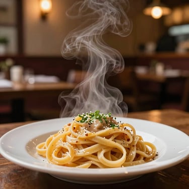 Macro shot of steam rising from a plate of handmade pasta in a cozy, warm-toned restaurant dining room.
