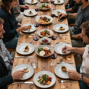 Overhead shot of a rustic wooden table filled with guests, wine glasses, and shared plates, capturing a lively local dining atmosphere.
