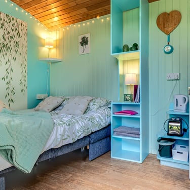 Cozy studio cabin interior featuring a double bed, mint green walls, and blue shelving unit.