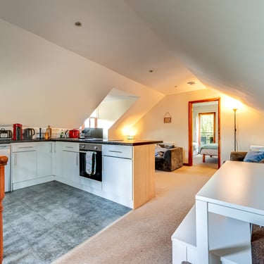 Modern open-plan studio apartment kitchen and dining area with sloped ceilings and white cabinets.