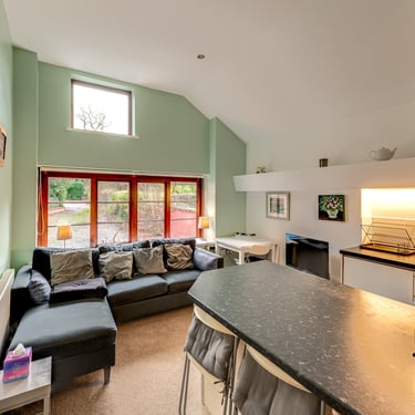 Modern open plan living room and kitchen with a grey corner sofa and vaulted ceilings.