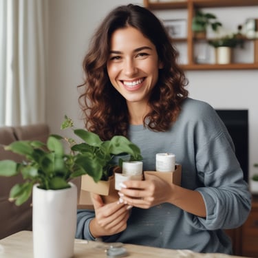 A smiling woman holding a small potted plant and a beauty product package in a cozy home setting.