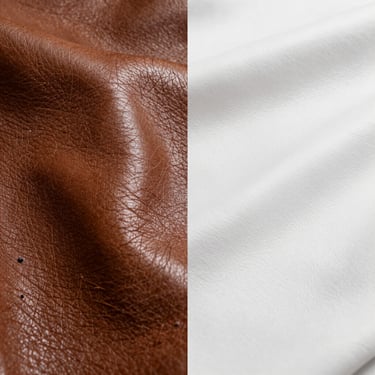 Macro split screen comparison of dirty shiny leather versus clean matte restored leather under clinical white studio light