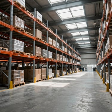 Organized warehouse interior with high-bay racking, clean concrete floor, high-contrast overcast daylight streaming through skylights, wide angle.