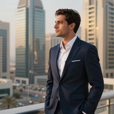A professional man in a sharp suit looking out over a metropolitan business district in the Gulf, in sophisticated deep navy blue and elegant gold tones.