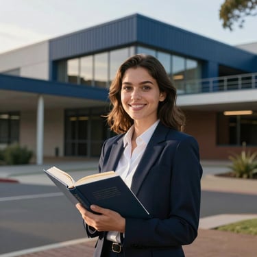 A professional portrait of a smiling female student holding a book in front of a modern campus building in Australia, lit by soft afternoon sun with deep navy blue accents.